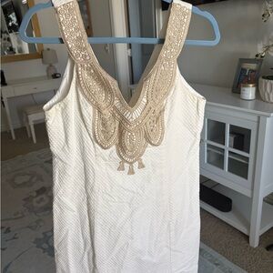 Elegant White Dress with Tan Embroidery